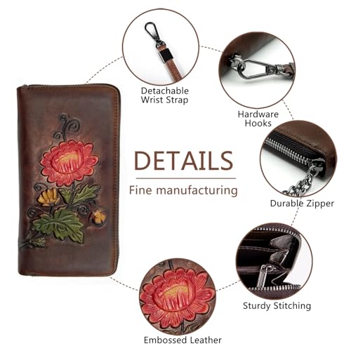 SHARPAD Wallet Genuine Leather for Women - with RFID Blocking Card checkbook ID Slot Large Capacity Vintage style (chrysanthemum coffee) - Image 4
