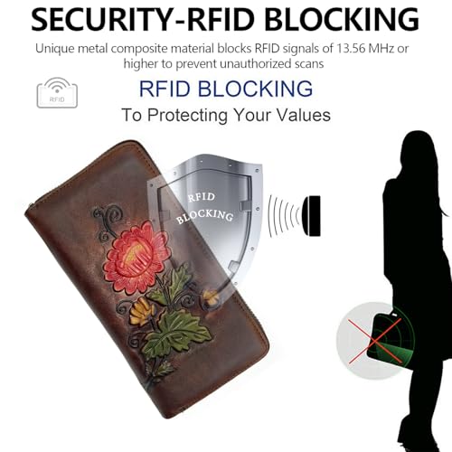 SHARPAD Wallet Genuine Leather for Women - with RFID Blocking Card checkbook ID Slot Large Capacity Vintage style (chrysanthemum coffee) - Image 2