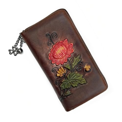 SHARPAD Wallet Genuine Leather for Women - with RFID Blocking Card checkbook ID Slot Large Capacity Vintage style (chrysanthemum coffee) - Image 1