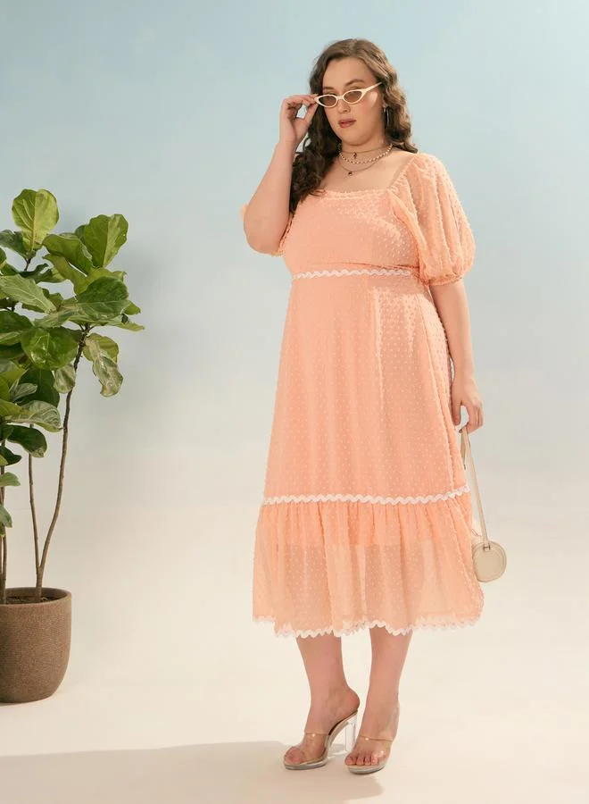 SASSAFRAS Sassafras Plus Peach Dobby Smocked Midi Dress