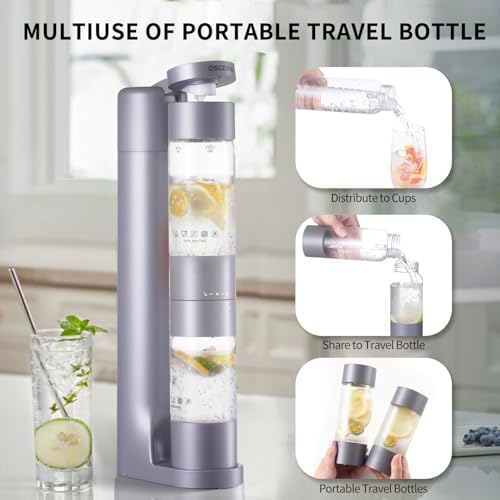 OSCEVIA Sparkling Water Machine Soda Maker Beverage Drink Dispenser for Home, Soda Streaming with 1L BPA Free Bottle, 2 Portable Bottle for travel, Seltzer & Carbonator Srew-in 60L CO2 (NOT Included), Grey - Image 3