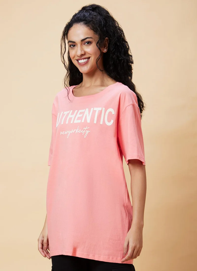 globus Globus Women Pink Typography Printed Pure Cotton Oversized T-Shirt