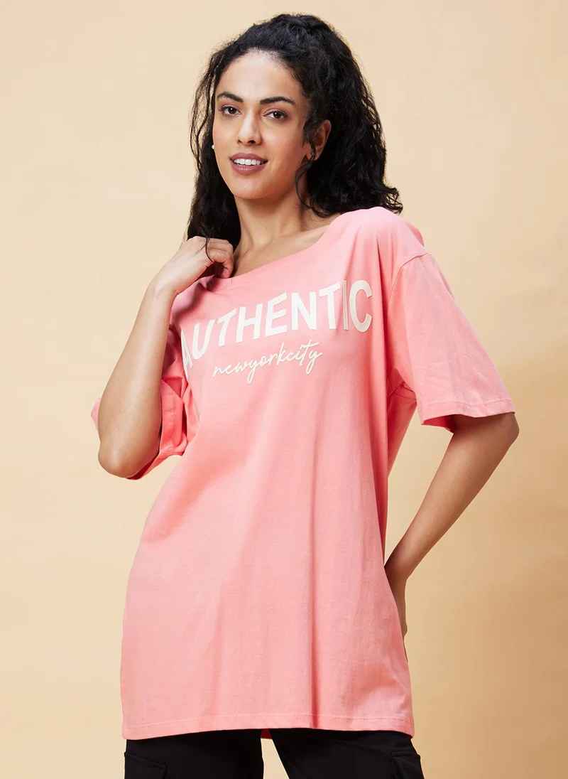 globus Globus Women Pink Typography Printed Pure Cotton Oversized T-Shirt