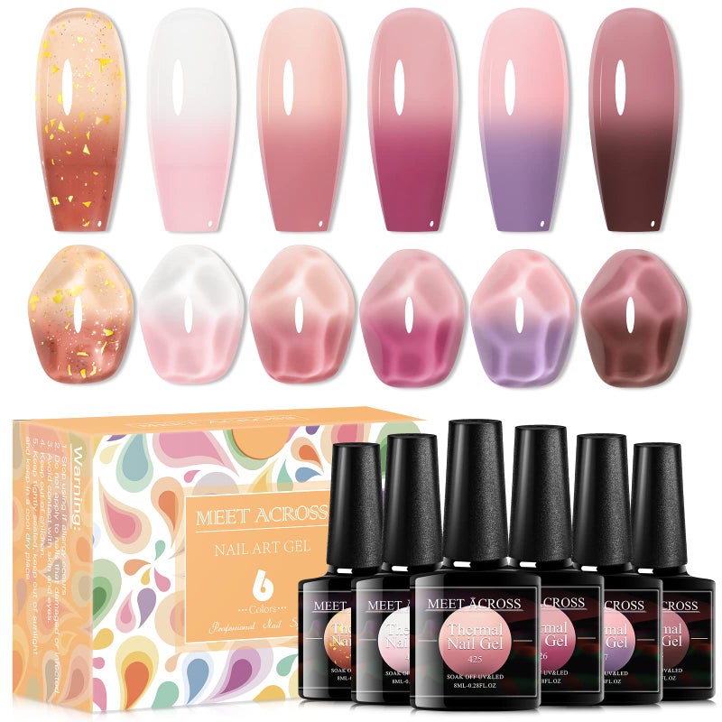MEET ACROSS Jelly Pink Color Changing Gel Nail Polish Translucent Nude Pink Mood Temperature Change Gel Polish Set White Pink Red Purple Amber Gold Foil Transparent Crystal Gel Nail Polish - Image 1