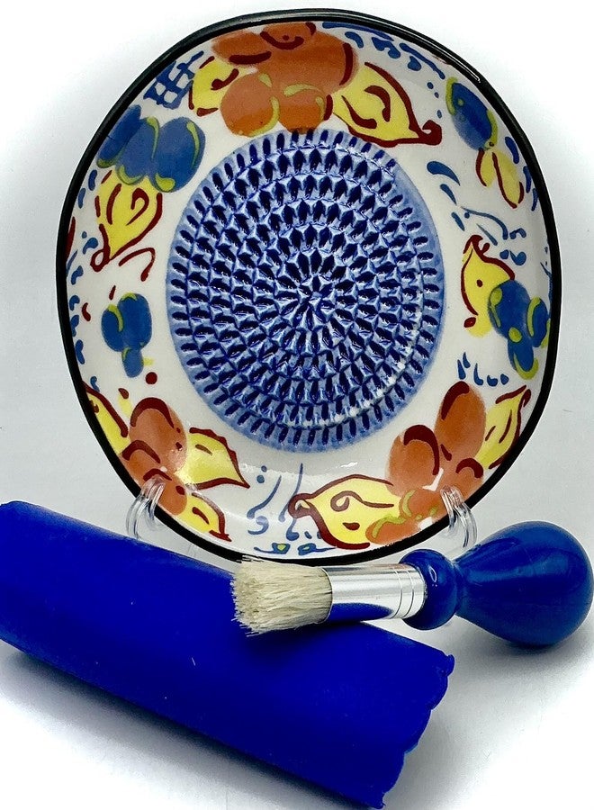 BonCera, All-in-one Premium Ceramic Garlic Grater Plate 4-Piece Set - Artisan Flower Blue Center Design - For Garlic, Ginger, Chocolate, and more! - Comes with 5" Plate, Peeler, Brush, and Stand - Image 5