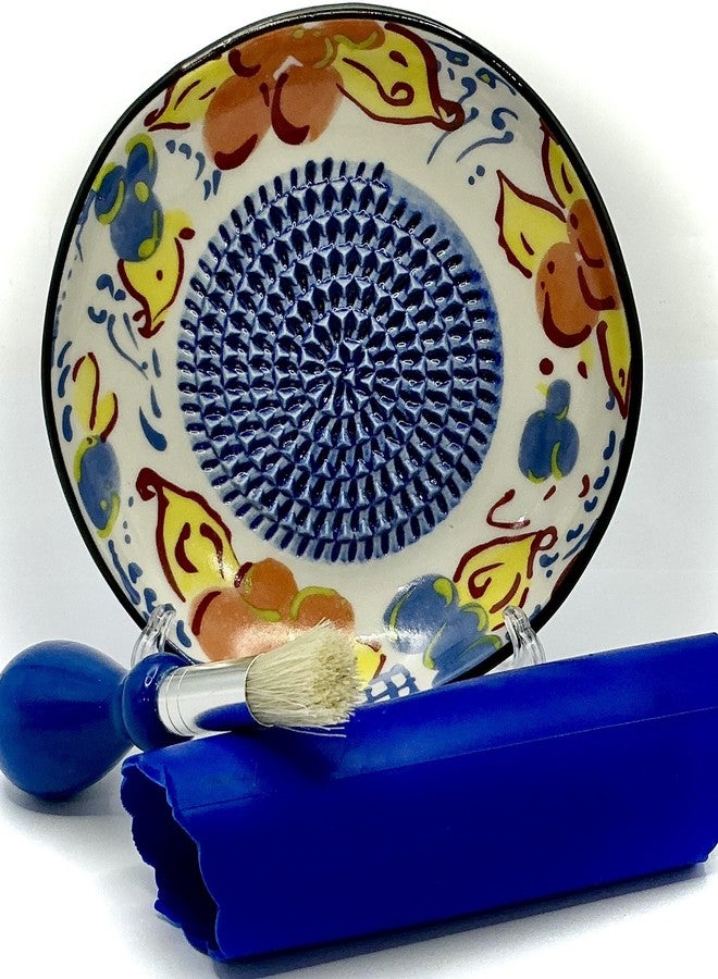BonCera, All-in-one Premium Ceramic Garlic Grater Plate 4-Piece Set - Artisan Flower Blue Center Design - For Garlic, Ginger, Chocolate, and more! - Comes with 5" Plate, Peeler, Brush, and Stand - Image 2