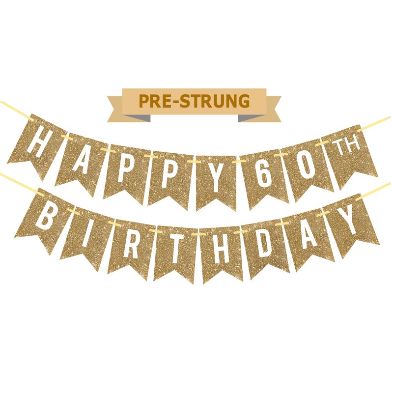 Netnology Pre-Strung Gold Happy 60th Birthday Banner Decorations,12 ft No DIY Gold Glitter 60th Birthday Party Banner Sign Decor for Women Men Girl Boy Party Supplies - Image 1