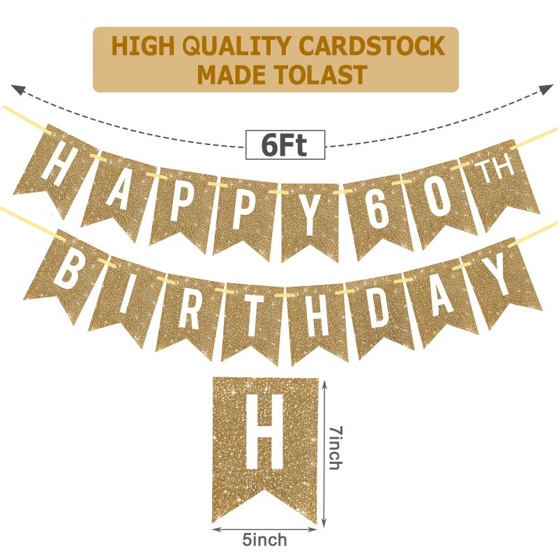 Netnology Pre-Strung Gold Happy 60th Birthday Banner Decorations,12 ft No DIY Gold Glitter 60th Birthday Party Banner Sign Decor for Women Men Girl Boy Party Supplies - Image 2