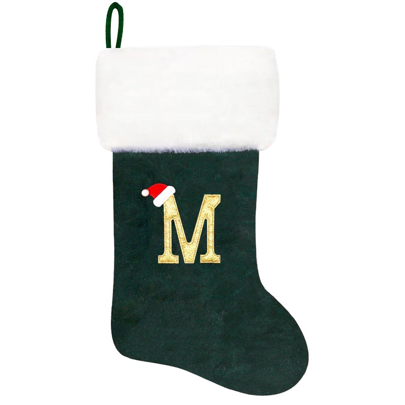 Eoocan 20 Inches Monogram Christmas Stockings Green Velvet with White Super Soft Plush Cuff Embroidered Xmas Stocking Classic Personalized Stocking Decoration for Family Holiday Season DecorLetter M
