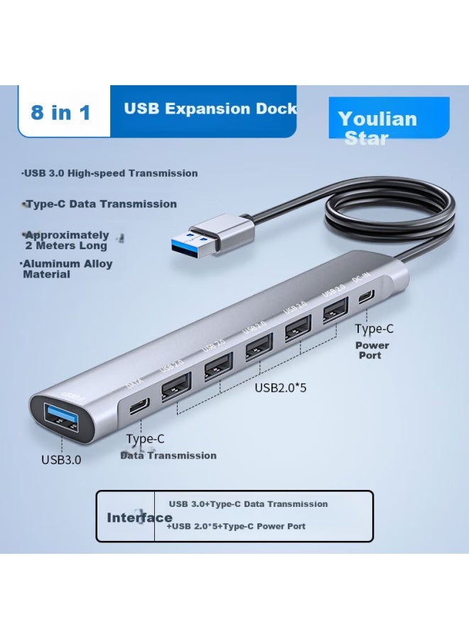 Yoolion Usb Splitter Extender 8 Ports 2m Usb 2.0 Expansion Hub Hub One Drag Eight Suitable For Apple Huawei Desktop Computer Host Laptop Mouse Keyboard Hard Drive