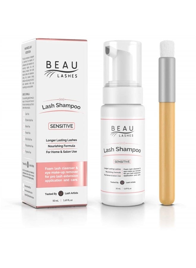 beau lashes شامبو منظف رغوي لرموش الاصطناعية وفرشاة (150 مل) - خالي من الزيوت حساس خالي من البارابين والسلفات غسول رغوي للجفن/الرموش لإزالة بقايا المكياج والماسكارا - مثالي للاستخدام في الصالون والمنزل