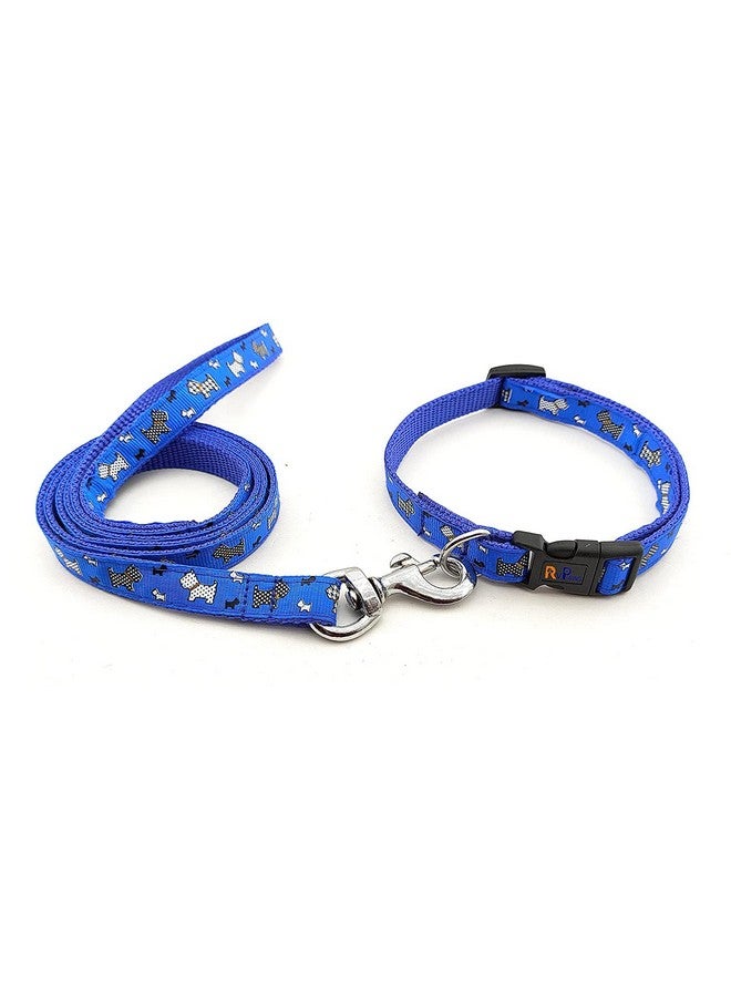 طقم طوق ومقود من النايلون مقاس 15 مم مطبوع عليه صورة جرو مع جرس، طوق ومقود بإبزيم قابل للتعديل، مثالي للتدريب/المشي مع الكلاب الصغيرة والمتوسطة الحجم (أزرق، نمط 01) - Image 1