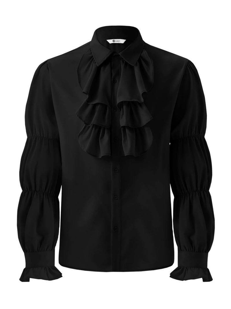 Runcati Mens Pirate Shirt Ruffle Victorian Renaissance Vampire Poet Puffy Shirts Gothic Steampunk Medieval Costume Black - Image 1