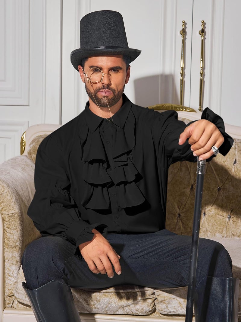Runcati Mens Pirate Shirt Ruffle Victorian Renaissance Vampire Poet Puffy Shirts Gothic Steampunk Medieval Costume Black - Image 4