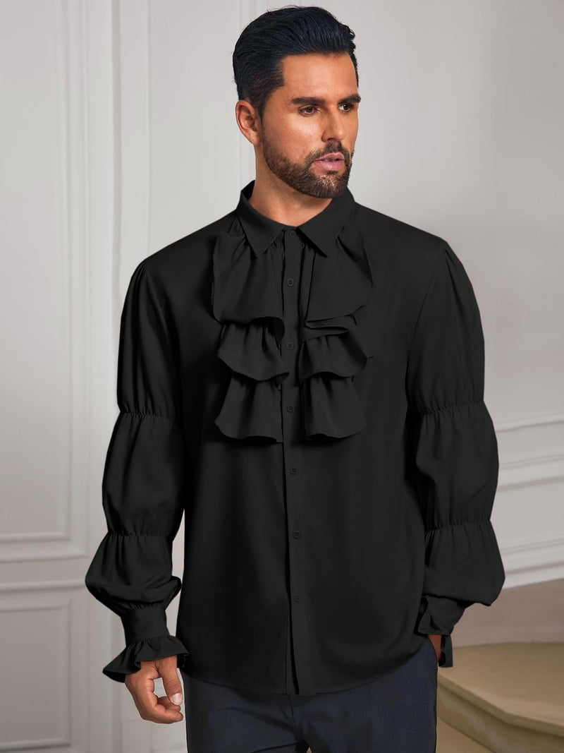 Runcati Mens Pirate Shirt Ruffle Victorian Renaissance Vampire Poet Puffy Shirts Gothic Steampunk Medieval Costume Black - Image 2