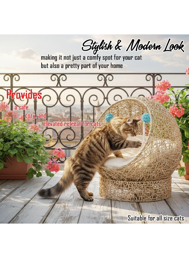 أن ان سي بيتس سرير داخلي للقطط بإطار من الخيزران، وألعاب كرة، ووسادة مريحة، 52 سم، حجرة نوم مريحة بتصميم مرتفع ومستدير، للقطط والقطط الصغيرة، سلة رف للحيوانات الأليفة للاستخدام الداخلي والخارجي، (بيج) - Image 5