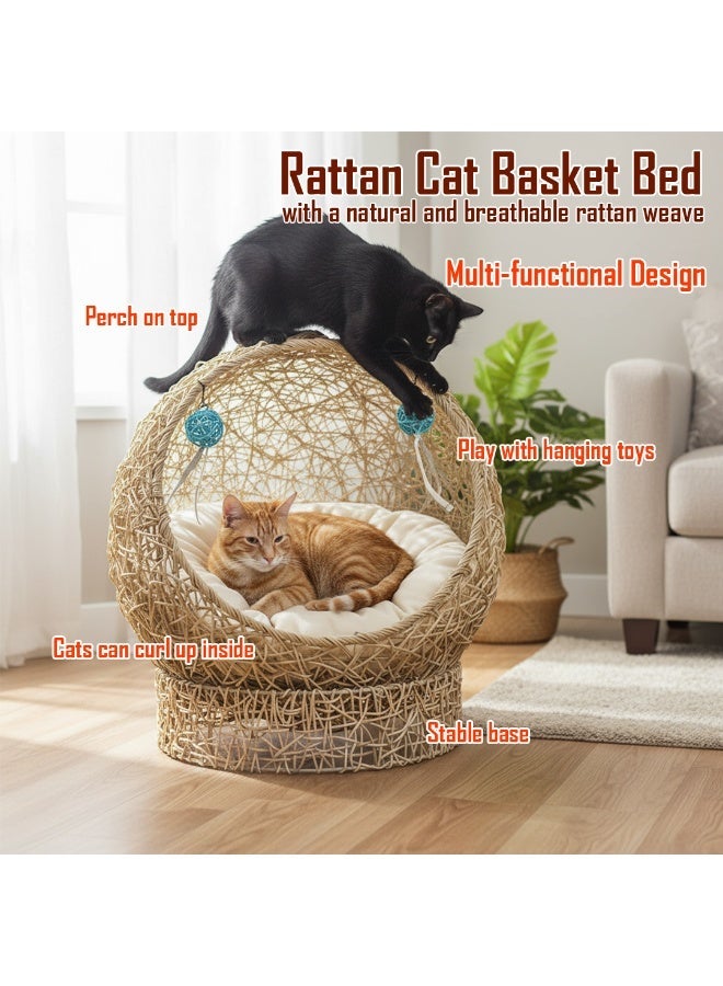 أن ان سي بيتس سرير داخلي للقطط بإطار من الخيزران، وألعاب كرة، ووسادة مريحة، 52 سم، حجرة نوم مريحة بتصميم مرتفع ومستدير، للقطط والقطط الصغيرة، سلة رف للحيوانات الأليفة للاستخدام الداخلي والخارجي، (بيج) - Image 1