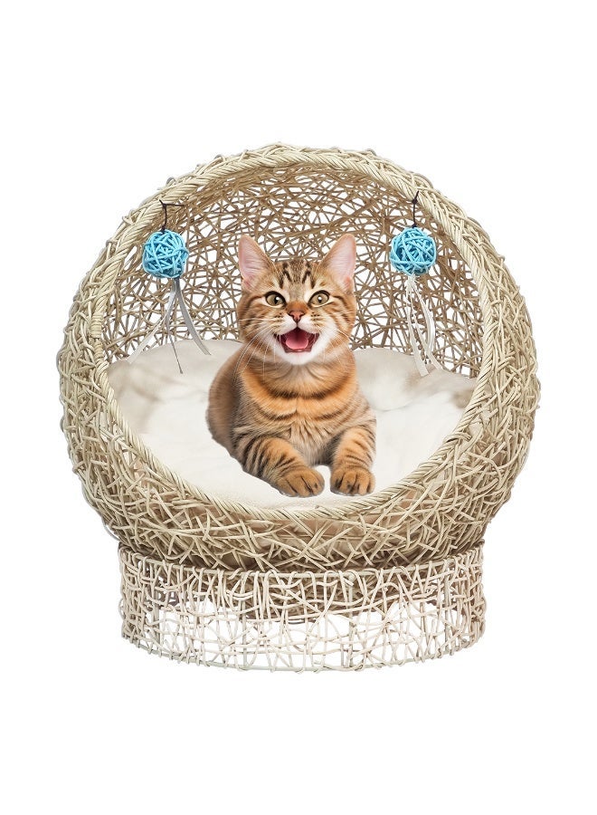 أن ان سي بيتس سرير داخلي للقطط بإطار من الخيزران، وألعاب كرة، ووسادة مريحة، 52 سم، حجرة نوم مريحة بتصميم مرتفع ومستدير، للقطط والقطط الصغيرة، سلة رف للحيوانات الأليفة للاستخدام الداخلي والخارجي، (بيج) - Image 2