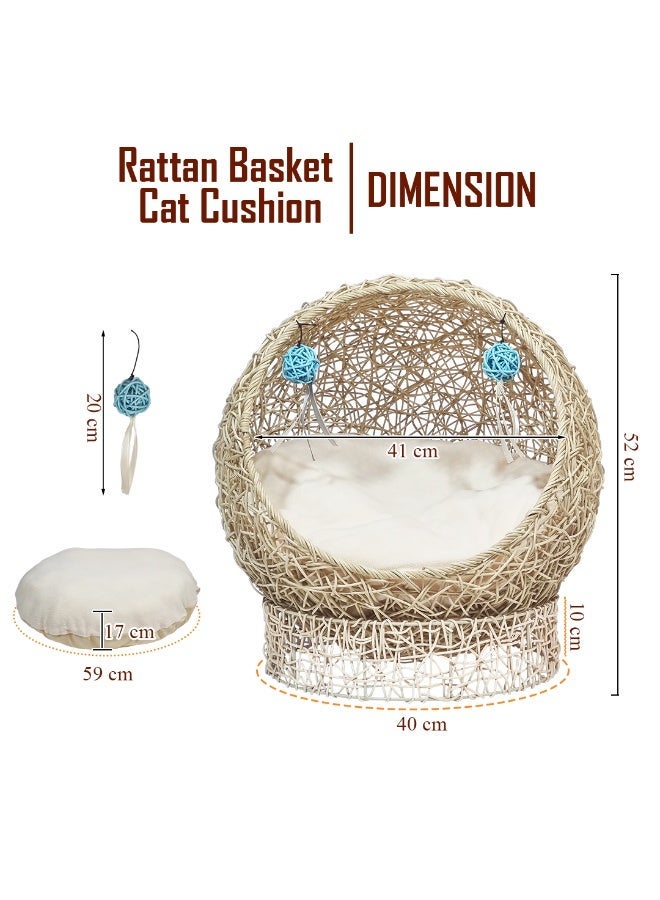 أن ان سي بيتس سرير داخلي للقطط بإطار من الخيزران، وألعاب كرة، ووسادة مريحة، 52 سم، حجرة نوم مريحة بتصميم مرتفع ومستدير، للقطط والقطط الصغيرة، سلة رف للحيوانات الأليفة للاستخدام الداخلي والخارجي، (بيج) - Image 3