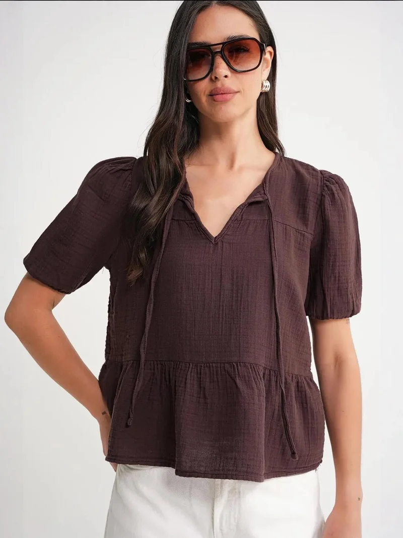 MixRay Mixray Textured Muslin Crew Neck Blouse with Binding Detail