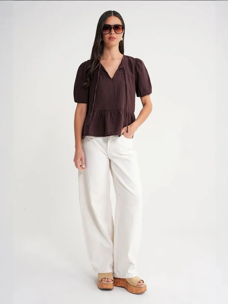 MixRay Mixray Textured Muslin Crew Neck Blouse with Binding Detail