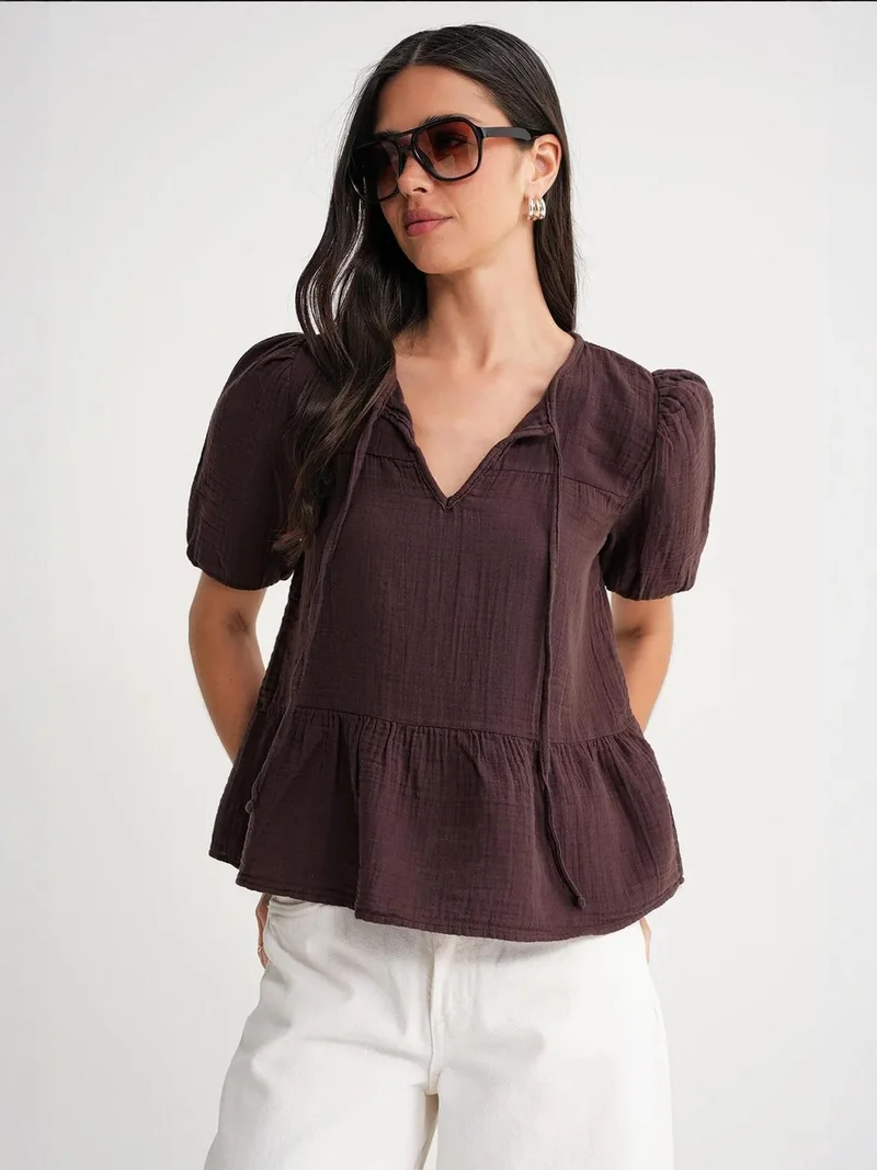 Mixray Coffee Brown Mixray Textured Muslin Crew Neck Blouse with Binding Detail for Women | Best Price UAE
