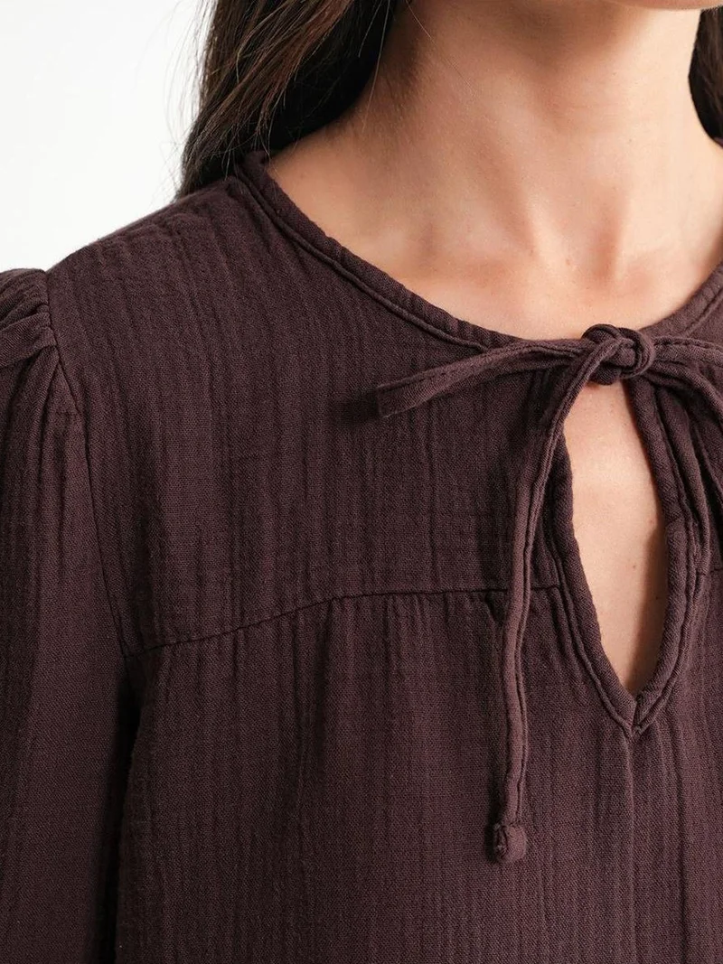 Mixray Coffee Brown Mixray Textured Muslin Crew Neck Blouse with Binding Detail for Women | Best Price UAE