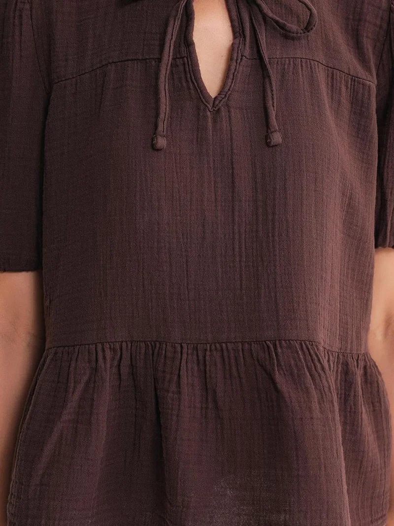 Mixray Coffee Brown Mixray Textured Muslin Crew Neck Blouse with Binding Detail for Women | Best Price UAE