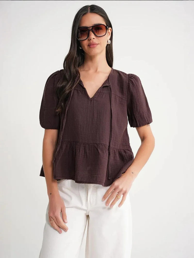 Mixray Coffee Brown Mixray Textured Muslin Crew Neck Blouse with Binding Detail for Women | Best Price UAE