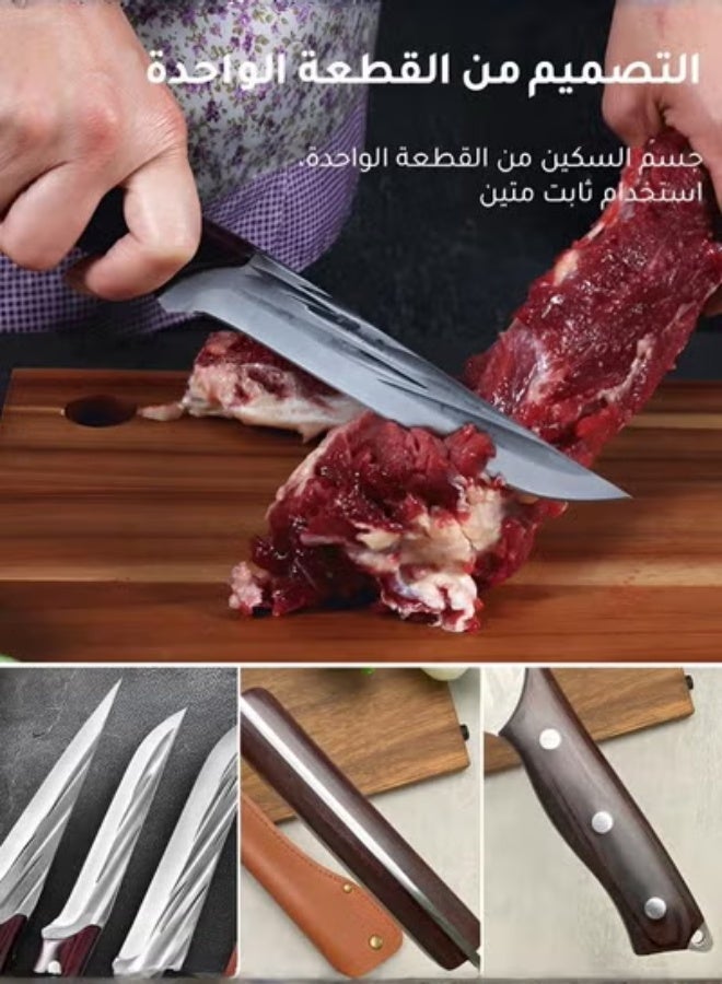 طقم سكاكين من الفولاذ المقاوم للصدأ مكون من 3 قطع + قطاعة خضروات يدوية – حل متكامل لتقطيع اللحوم والخضروات في المطبخ – سكاكين مشغولة يدويًا من قطعة واحدة مقاومة للكسر + قطاعة خضروات سهلة الاستخدام - Image 3