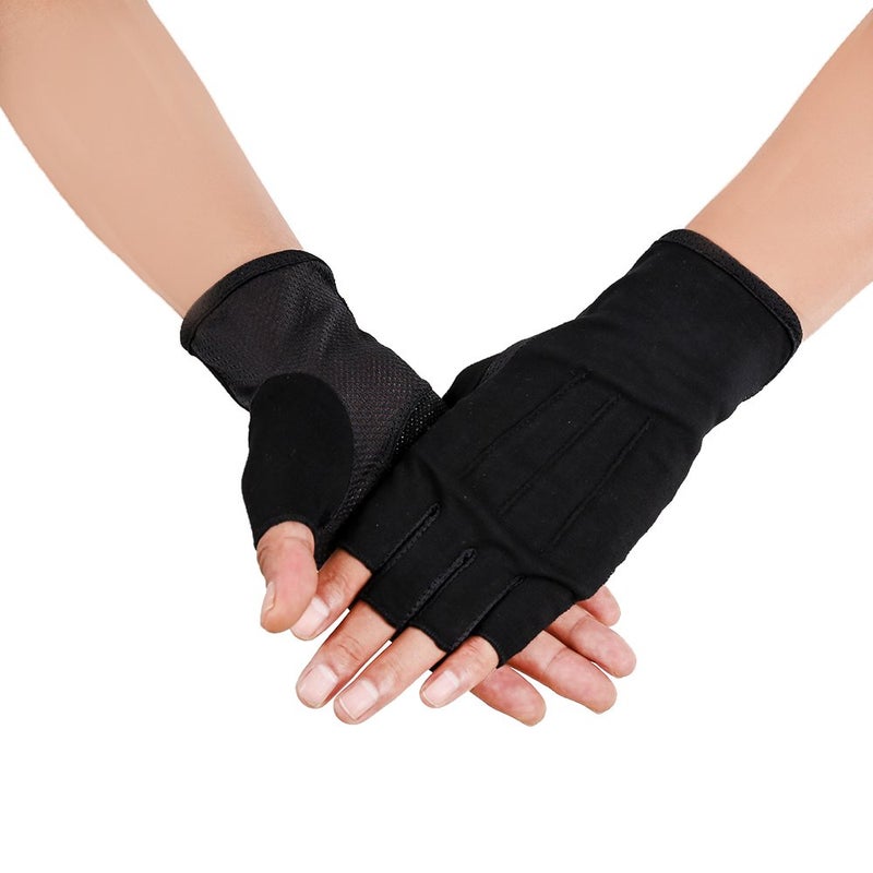 JISEN Men Sunscreen Fingerless Cotton Gloves UV Protection Driving Polyester Mittens A-Black - Image 1