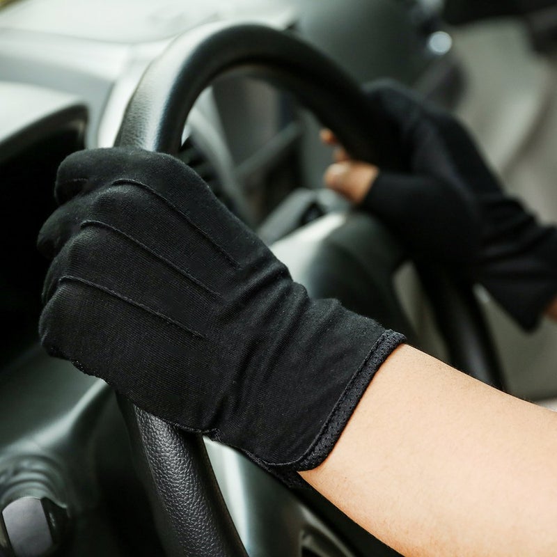 JISEN Men Sunscreen Fingerless Cotton Gloves UV Protection Driving Polyester Mittens A-Black - Image 5