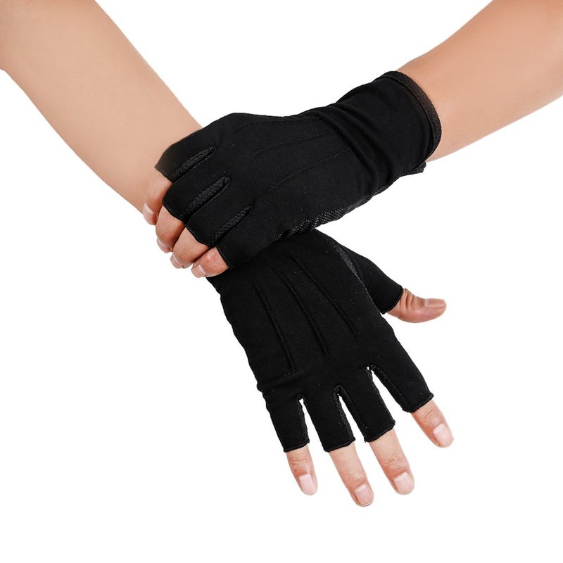 JISEN Men Sunscreen Fingerless Cotton Gloves UV Protection Driving Polyester Mittens A-Black - Image 3