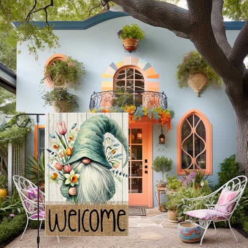RMXJKIIU Welcome Spring Garden Flag 12x18 inch Burlap Double Sided Gnome Colorful Floral Small Summer Garden Flags Decorations For Outside Yard Home Outdoor Patio Lawn Decor - Image 2