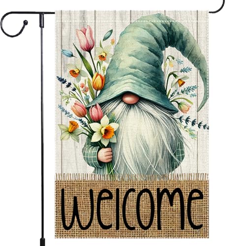 RMXJKIIU Welcome Spring Garden Flag 12x18 inch Burlap Double Sided Gnome Colorful Floral Small Summer Garden Flags Decorations For Outside Yard Home Outdoor Patio Lawn Decor - Image 1