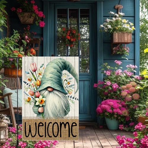 RMXJKIIU Welcome Spring Garden Flag 12x18 inch Burlap Double Sided Gnome Colorful Floral Small Summer Garden Flags Decorations For Outside Yard Home Outdoor Patio Lawn Decor - Image 5