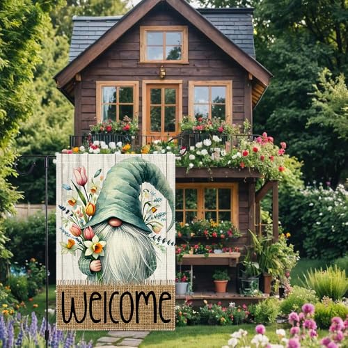RMXJKIIU Welcome Spring Garden Flag 12x18 inch Burlap Double Sided Gnome Colorful Floral Small Summer Garden Flags Decorations For Outside Yard Home Outdoor Patio Lawn Decor - Image 4