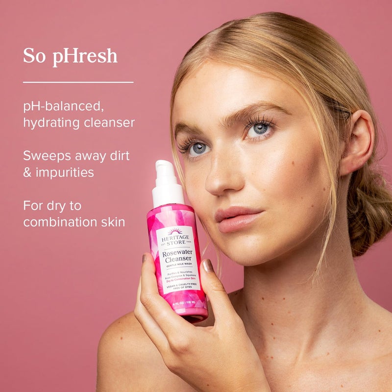 HERITAGE STORE Rosewater Facial Cleanser - Milk Face Wash Purifies and Nourishes w/Squalane, Rose Complex, Dry Skin to Combination Skin Care, Hypoallergenic, pH Balanced, Vegan, 60-Day Guarantee, 4oz - Image 2