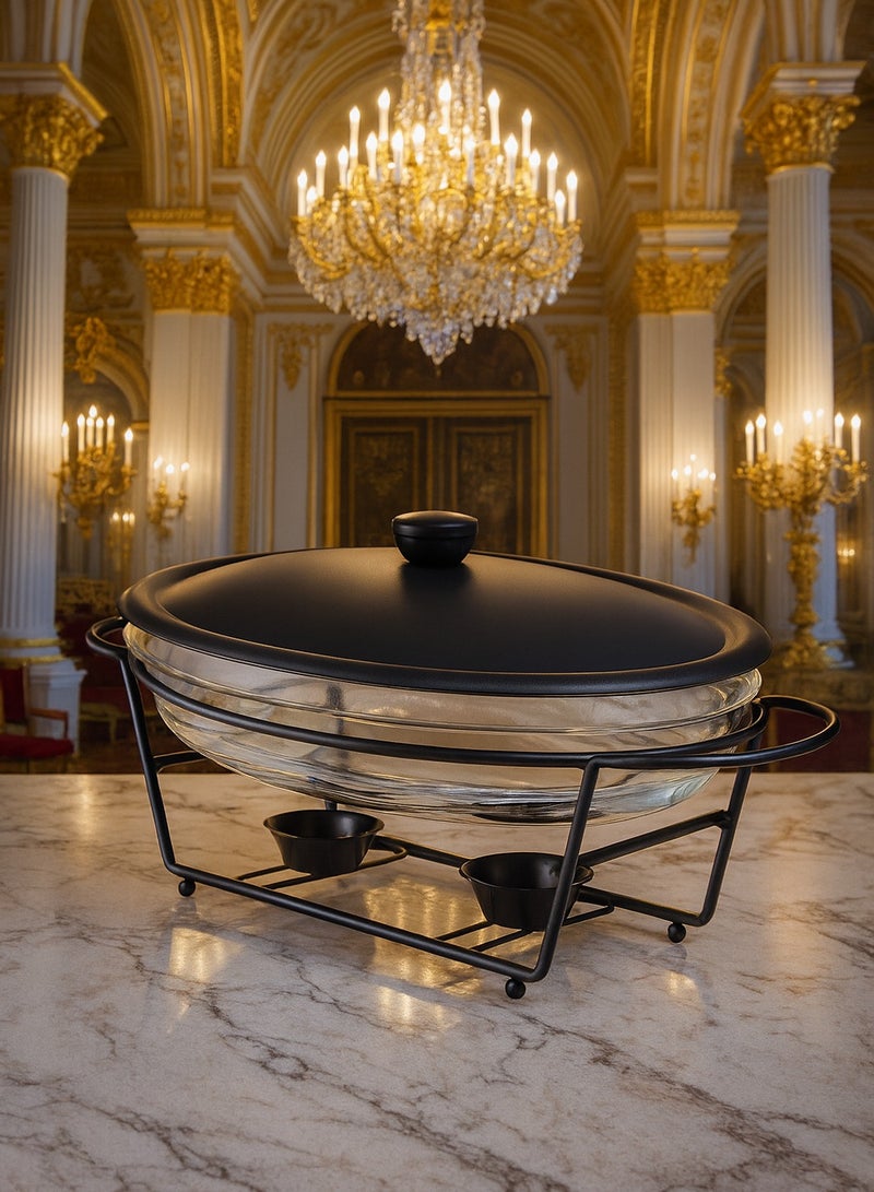 هوم فيو سخان بوفيه زجاج بيضاوي سعة 3 لتر مع غطاء معدني وإطار حديدي متين للتقديم والضيافة. - Image 1