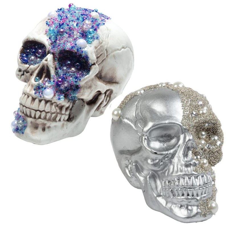 Halloween Pirate Treasure Skulls 2 Pk 8 Human Heads with Gem Studded Rhinestones Indoor Home Decorations Skeleton Prop Sculptures Fall Party Decor for Haunted Houses Gothic Bone Table Statue