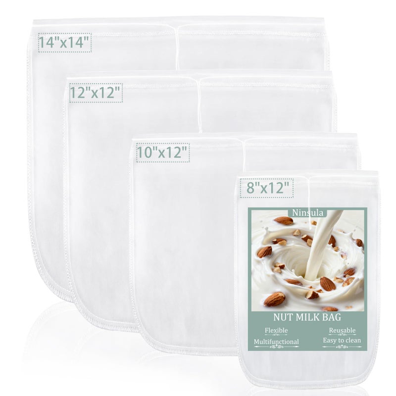 Ninsula 4PCS Nut Milk Bag, Food Grade Nylon Cheese Cloth Bag, Straining Reusable Fine Mesh Strainer for Tea, Yogurt, Juice, Cheese, Soup, Herbs, Vegetable Juice (8"x12"/14"x14"/10"x12"/12"x12") - Image 1