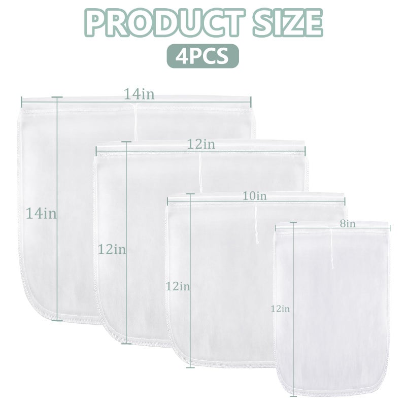 Ninsula 4PCS Nut Milk Bag, Food Grade Nylon Cheese Cloth Bag, Straining Reusable Fine Mesh Strainer for Tea, Yogurt, Juice, Cheese, Soup, Herbs, Vegetable Juice (8"x12"/14"x14"/10"x12"/12"x12") - Image 2