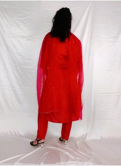 PRIYA’S PANACHE PRIYA’S PANACHE Elegant Red Straight Kurta Pant Set with Organza Dupatta.  - Image 2