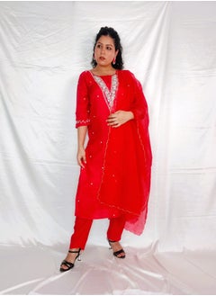 PRIYA’S PANACHE PRIYA’S PANACHE Elegant Red Straight Kurta Pant Set with Organza Dupatta.  - Image 3
