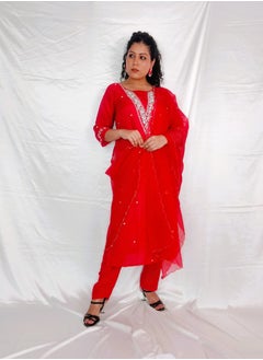 PRIYA’S PANACHE PRIYA’S PANACHE Elegant Red Straight Kurta Pant Set with Organza Dupatta.  - Image 4