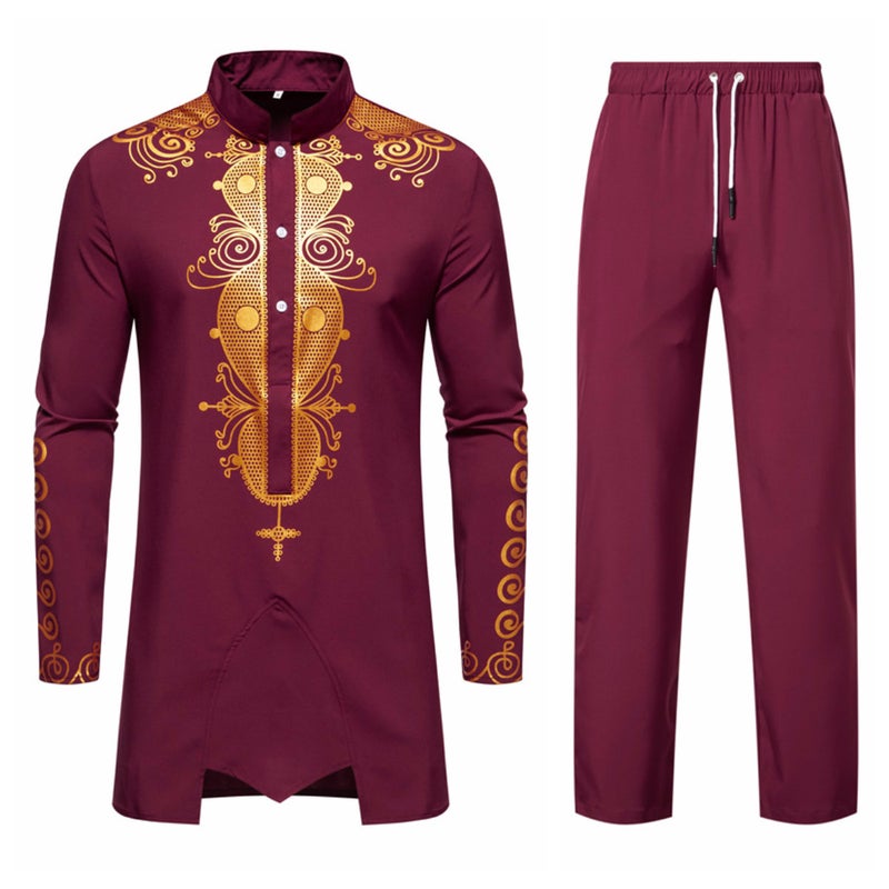 2023 Foreign Trade New Mens Casual Printed Robe Shirt Ethnic Totem Fashion European Size Fashion Two-piece Set Burgundy 