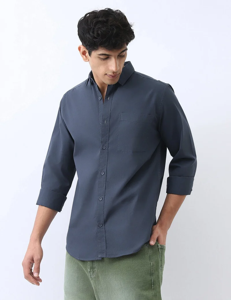 Urbano Fashion  Urbano Fashion Men's Slate Blue Cotton Full Sleeve Regular Fit Casual Solid Shirt  | Best Price UAE