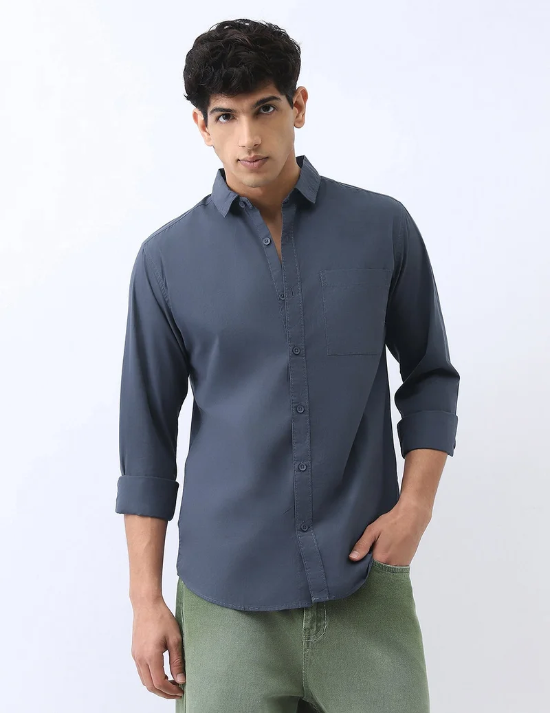 Urbano Fashion Men's Slate Blue Cotton Full Sleeve Regular Fit Casual Solid Shirt