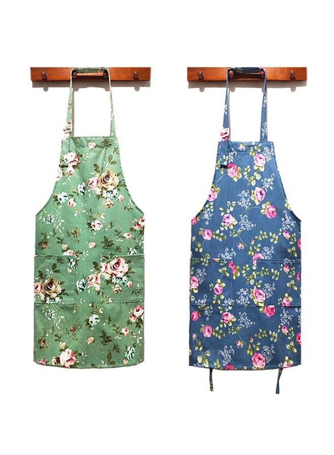 DDJYP Women Kitchen Apron2 Pack Cotton Canvas Flower Apron Floral Pattern Apron With Pockets For Women Chef Apron(Green&Blue) - Image 1