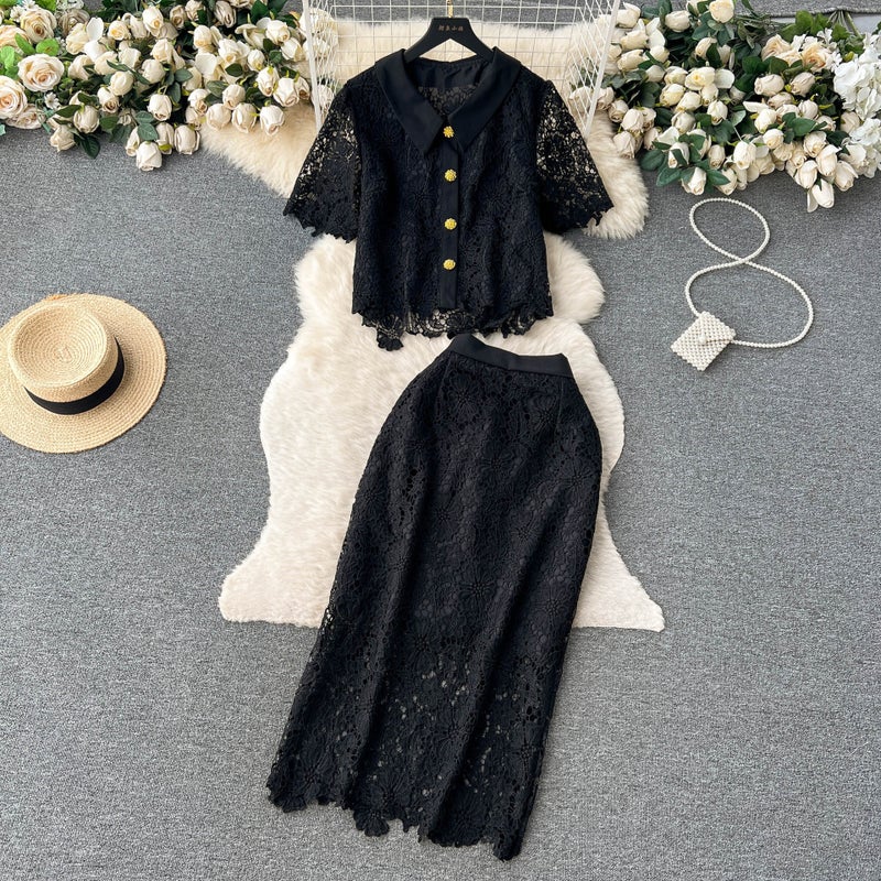 Light luxury retro French style suit womens lapel single-breasted short-sleeved top + sheath high waist skirt two-piece suit fashion Yellow - Image 4